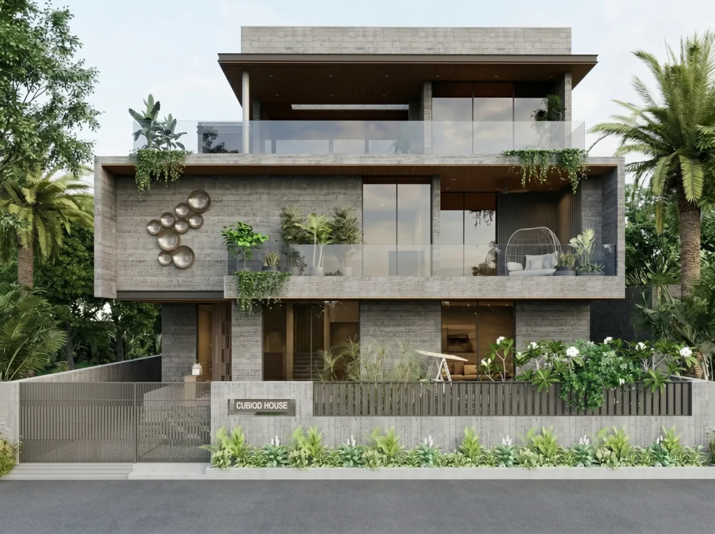 Cuboid House front elevation, Vejalpur Ahmedabad - stone cladding facade with full-height glazing, green planting boxes, and circular metal wall art