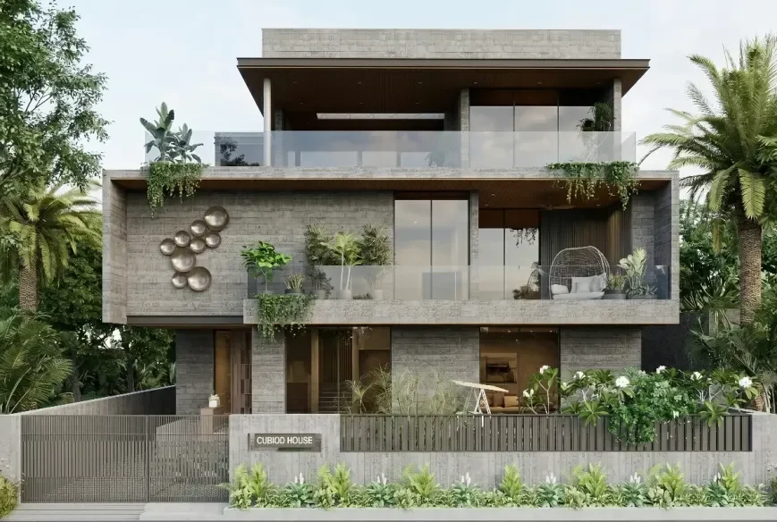 Cuboid House front elevation, Vejalpur Ahmedabad - stone cladding facade with full-height glazing, green planting boxes, and circular metal wall art