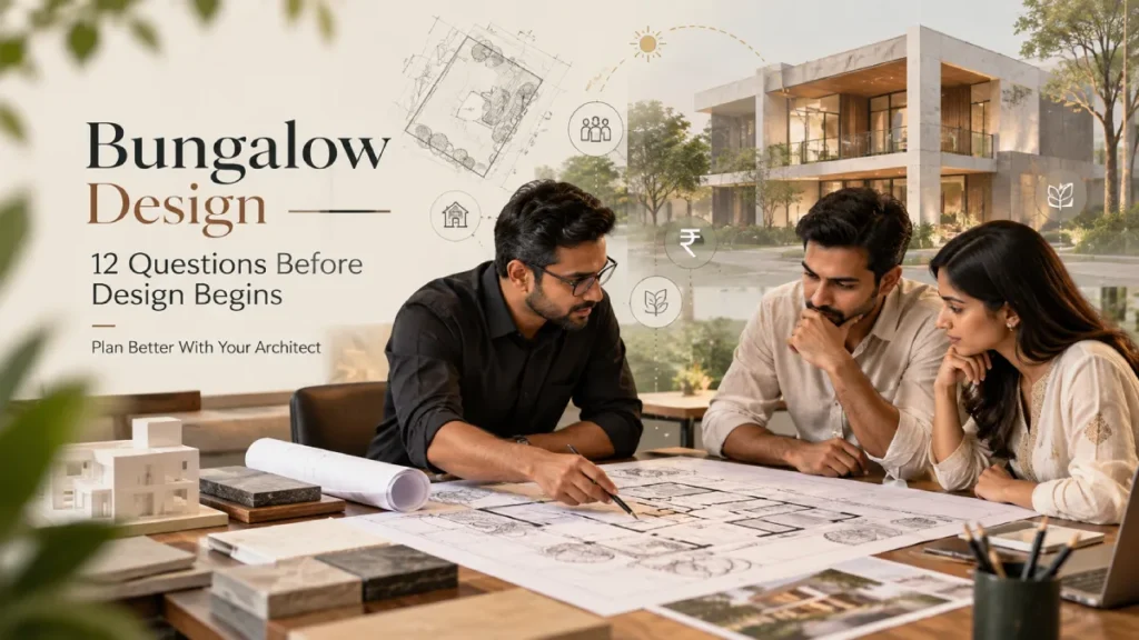 Indian architect discussing bungalow design plans with homeowners before the design process begins in Ahmedabad.