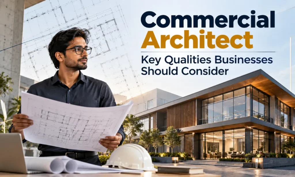 Commercial Architect reviewing architectural plans for a modern commercial building