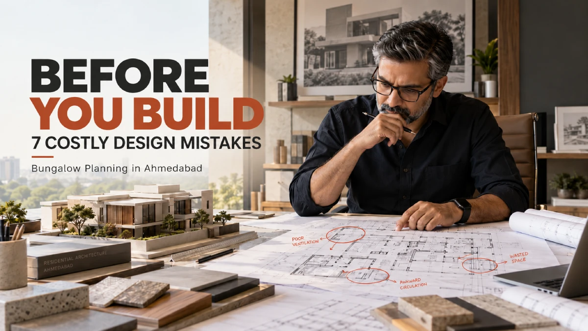 Indian architect reviewing bungalow floor plans to identify costly house construction mistakes before building a bungalow in Ahmedabad.