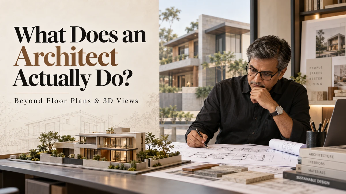 Indian architect reviewing architectural floor plans and a modern bungalow scale model, illustrating what an architect does from planning to construction.